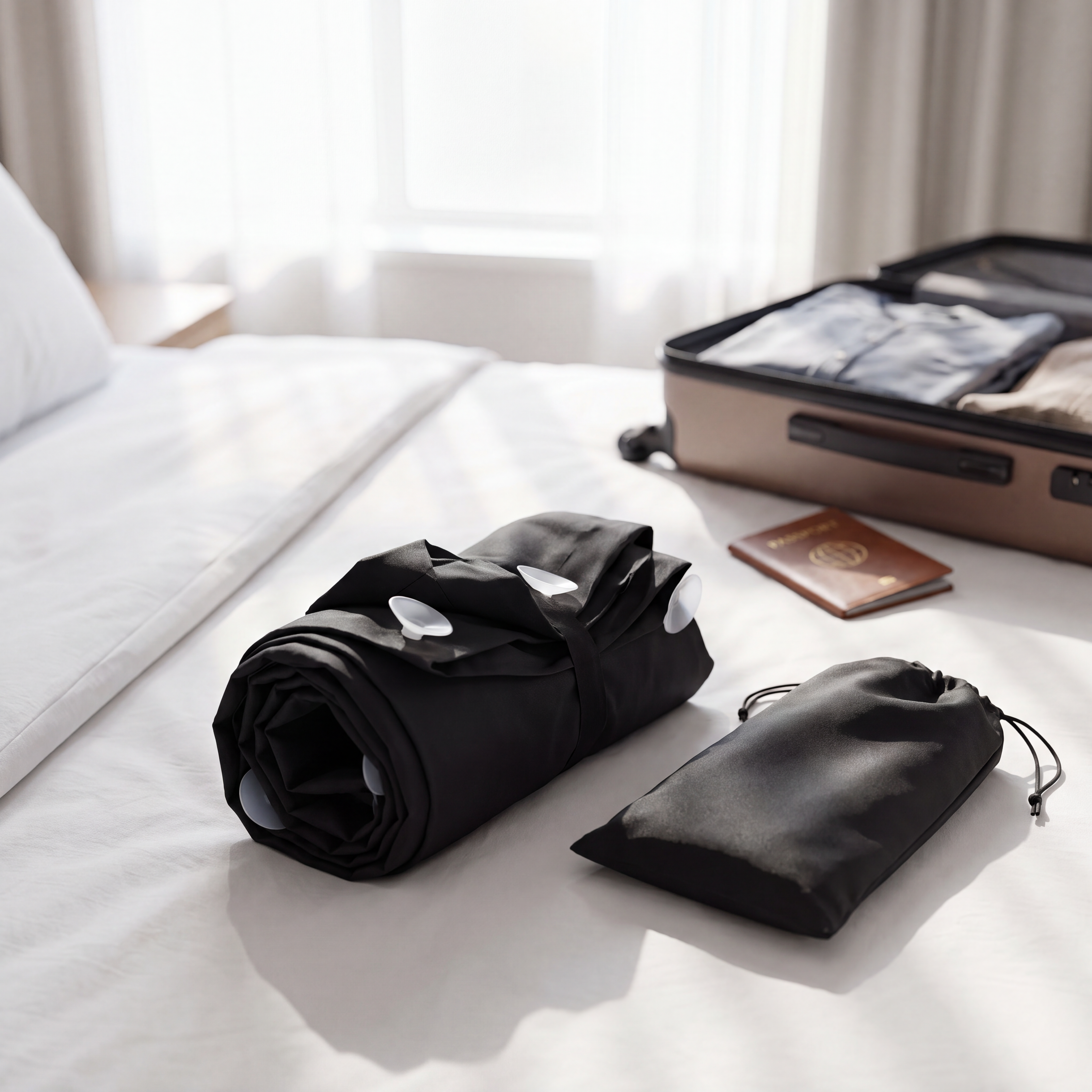Blackout panel rolled up beside its carry pouch and a suitcase, ready for travel