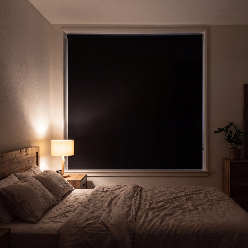 Blackout panel installed on a bedroom window at night, smooth black fabric