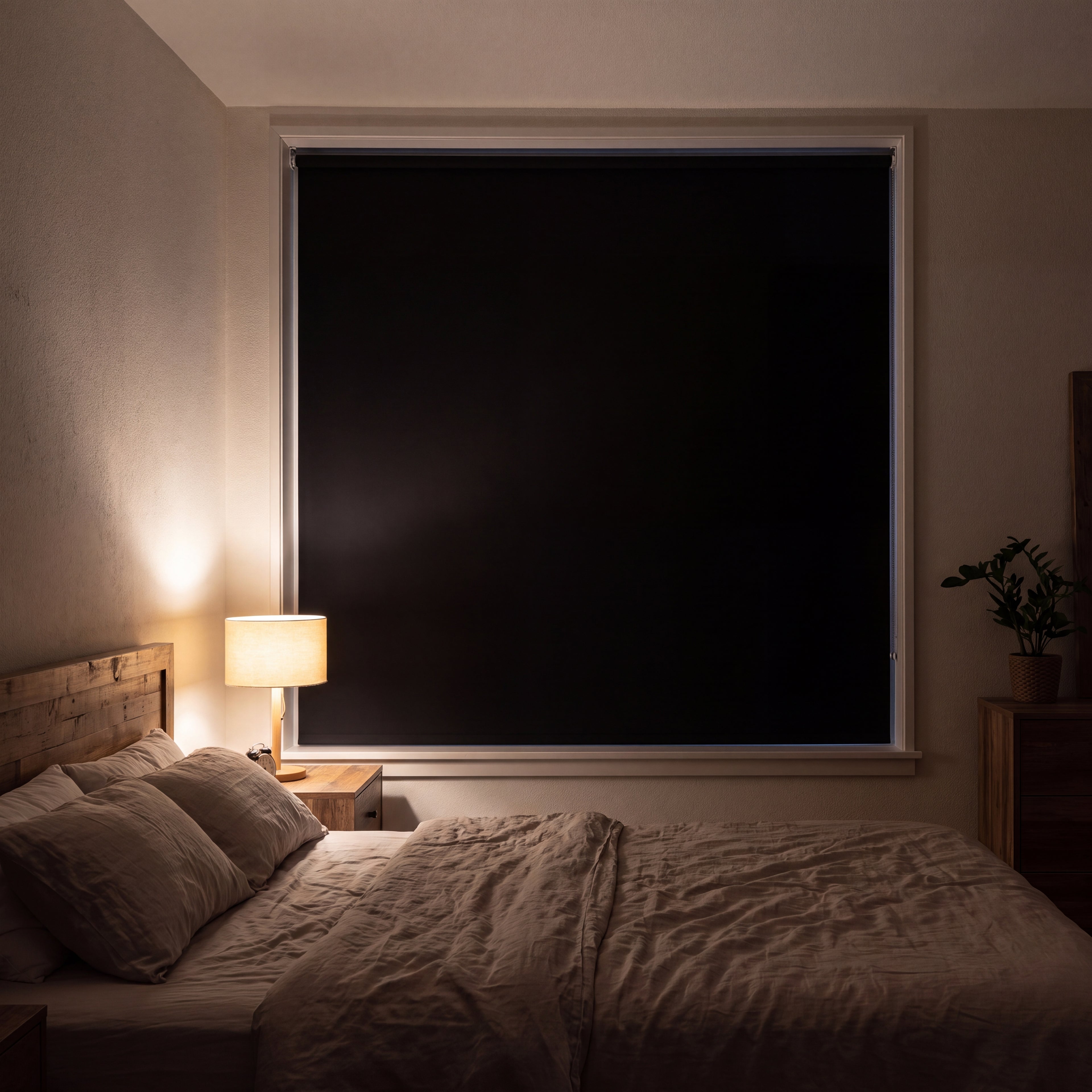 Blackout panel installed on a bedroom window at night, smooth black fabric