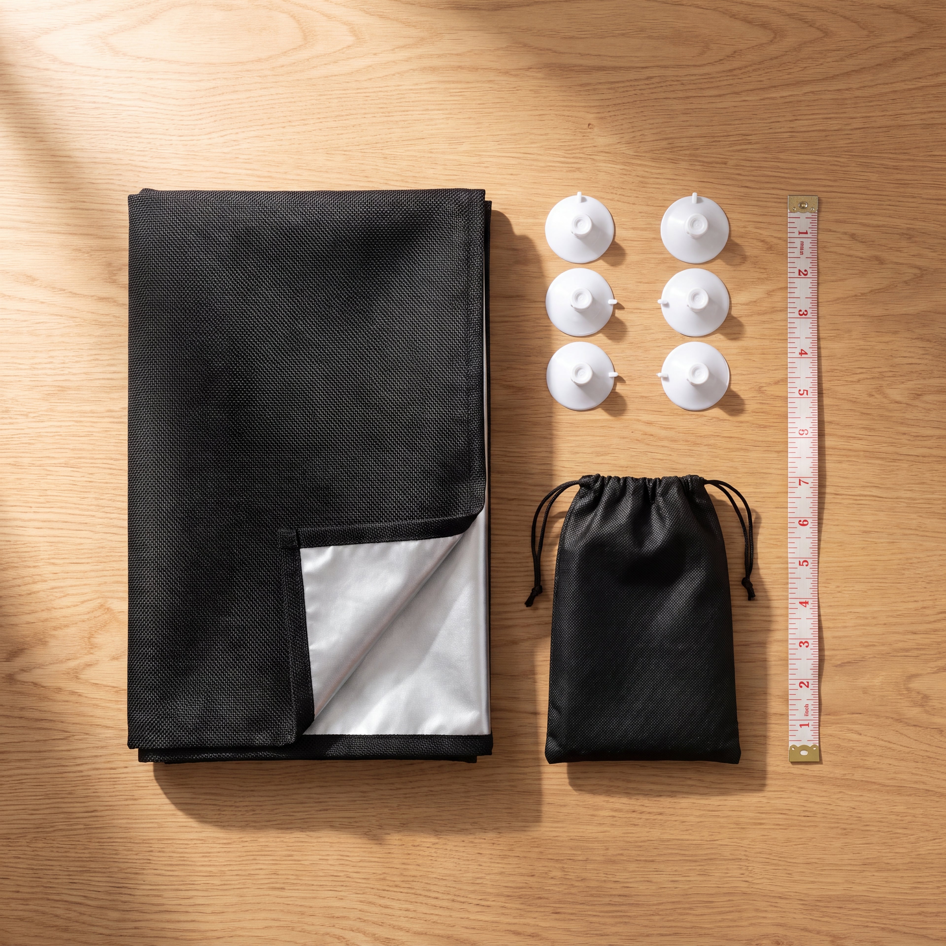 Everything included: blackout panel, suction cups, carry pouch and measuring ruler flat lay